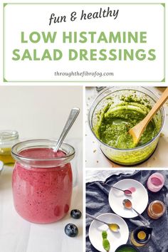 collage of salad dressings and pesto with text fun and healthy low histamine salad dressings. Low Histamine Salad, Clean Salad Dressings, Headache Diet, Migraine Diet