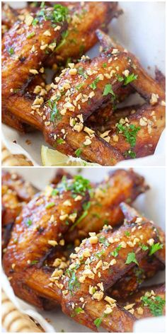 chicken wings with sesame seeds and parsley on top