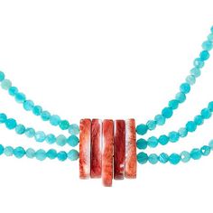 Jay King Peruvian Amazonite and Spiny Oyster Shell 18-1/4" Necklace  Unique and very pretty, this handcrafted necklace is definitely a "must-have" piece. Wear it to "amp" your outfit — day or night.       Necklace approx. 18-1/4"L x 3/8"W with 2-3/4" extender      Drop approx. 15/16"L x 13/16"W      Stamped .925     Sterling silver hook closure     Stabilized Peruvian amazonite beaded necklace with freeform orange spiny oyster stations      3-strand drop of round stabilized Peruvian amazonite beads with freeform orange spiny oyster station at center   Stone Information       All sizes and weights approximate     Stabilized Blue Amazonite - Round (7-10mm and 4mm)      Orange Spiny Oyster Shell - Freeform (18x21mm and 8x22mm to 10x24mm) Unique Faceted Necklaces, Faceted Multi-strand Necklace As Gift, Faceted Multi-strand Necklace For Gift, Oyster Station, Night Necklace, Jewelry King, Spiny Oyster, Necklace Unique, Handcrafted Necklace