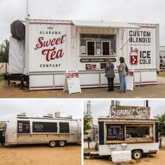 two people standing in front of a food truck that sells sweet tea and ice cream