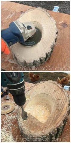 a drill is being used to make a wood bowl with a circular hole in it