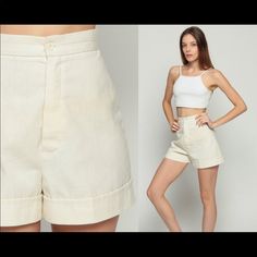 Linen Shorts 70s Cream High Waist Hipster High Rise Cuffed Hotpants Summer Boho Vintage Retro Hot Pants 1970s Extra Small Xs Vintage 70s Shorts In Cream Linen With A High Waist And Cuffed Hem. Zips Up The Front. For Reference, Model Is 5’9” And Measures 32-23-35. Details Best Fits: Extra Small Condition: Great Vintage Material: Feels Like Linen Measurements Taken From Seam To Seam While The Garment Is Lying Flat. Double The Armpit, Waist, And Hips. Waist: 12” Hips: 19“ Inseam: 2.5 ” Rise: 14“ 70s Shorts, Boho Summer, Vintage Shorts, Linen Shorts, Vintage Boho, Zip Ups, Vintage Ladies, Retro Vintage, High Waisted