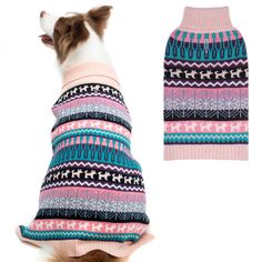 a small dog wearing a sweater on top of it's head and looking up at the sky