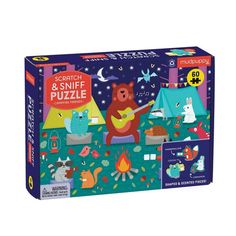 the scratch and sniff puzzle is designed to look like a bear playing guitar, camping