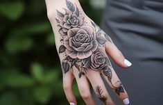 a woman's hand with flowers and leaves on it