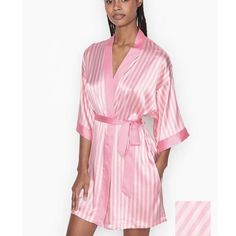 Matching Satin Striped Robe Size M/L Satin Striped Love: Satin Robe Pink Stripes With Solid Pink Belt Solid Satin Trim Tie Waist Hits Above Knee Lightweight Style In Satin And Lace, This Cami Is Perfect For Wearing Out Or Slipping Into Bed. T-Back Straps With Lace Accent Pj Bottoms Perfect For Warmer Nights With Silky Satin And Elegant Lace That Elevated Your Sleep Style. Elastic Drawstring Waist Lace Trim Satin Dressing Gown, Lingerie Catalog, Satin Kimono, Satin Cami, Silk Robe, Womens Robes, Dressing Gown, Train Hard, Kickboxing