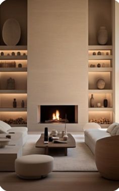 a living room filled with white furniture and a fire place in the middle of it