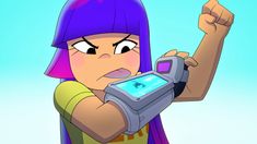 a cartoon character holding a cell phone in her right hand and pointing at the camera