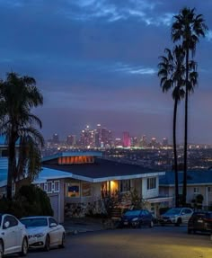 the city lights shine brightly in the distance as cars are parked on the street near palm trees