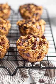 chocolate chip oatmeal muffins cooling on a wire rack