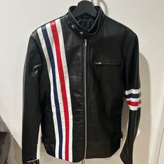 Black Leather With Red White And Blue Leather Detailing. Embroidered Flag On Back. Easy Rider Movie Red Leather Long Sleeve Jacket For Motorcycling, Red Leather Motorcycling Jacket, Faux Fur Hooded Jacket, Windbreaker Jacket Mens, Vintage Jean Jacket, Adidas Windbreaker, Mens Raincoat, Outdoor Coats, Denim Trench Coat