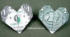 two heart shaped origami pieces made out of money