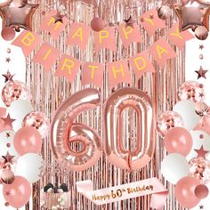 a birthday card with balloons, streamers and confetti on the bottom that says happy 60th