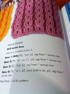 an open book with crochet patterns on it's pages and instructions for knitting