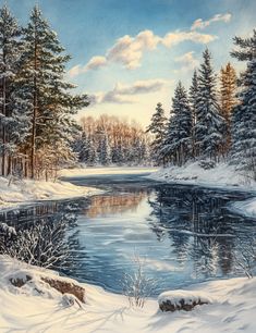 a painting of snow covered trees and water