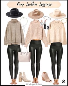 Fall Outfit With Fedora Hat, Cute Faux Leather Legging Outfits, Beige Hat Outfit Fall, Taupe Hat Outfit, H&m Turtleneck Sweater, Black Fall Hat Outfit, Outfits With Hats For Women Fall, Fedora Women Outfit, Taupe Bodysuit Outfit