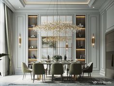 an elegant dining room with chandelier and table surrounded by chairs, bookshelves and shelves