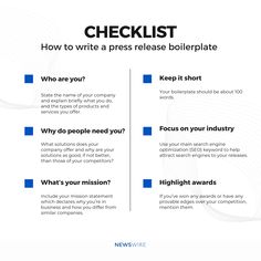 a checklist with the words, how to write a press release boilerplate