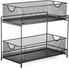 three tiered metal shelf with mesh baskets