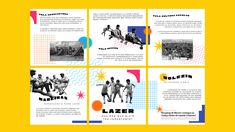 four different brochures with images of people playing and jumping in the air on them