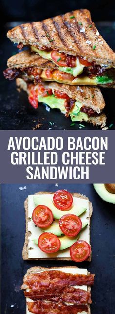 avocado bacon grilled cheese sandwich with tomatoes and lettuce on toasted bread