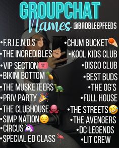 a poster with the words group chat names and pictures on it's front cover