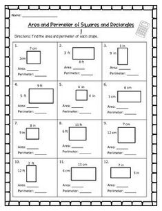 the area and perimeter of squares and rectangles worksheet is shown in this image