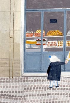 an image of a woman looking in the window at food on display behind her and another person walking by