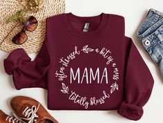 Blessed Mama Shirt, Totally Blessed Mom Sweatshirt, Mother's Day Gift for Mom,Christian Mom Shirt, Gift for Mama, Custom Blessed Mom T-Shirt ----------How To Order---------- 1- Please, check all the photos. 2- Choose your t-shirt size 3- Choose your t-shirt color 3- Enter your Text Color In The Personalization Box 4- Click add to cart. You can go back and add more shirts. 5- Click "Proceed to check out". Unfortunately, due to the customization of the shirts we are unable to accept returns or exchanges on merchandise. -------SHIRT COLORS------- Please see image for all colors! -------DESIGN COLORS------- White text/design will be printed on Dark color shirts Black text/design will be printed on Light color shirts ----WASHING INSTRUCTIONS----- Please turn the tee inside out before washing Wa Blessed Mama Shirt, Blessed Mama, Shirts Black, Mom Sweatshirt, Dark Color, Mama Shirt, Text Design, Mom Shirt, Text Color