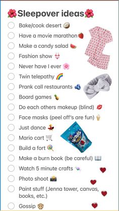 Sleepover ideas that are actually fun Sleepover Packing List, Fun Sleepover Activities, Teen Sleepover Ideas, Sleepover Essentials, Fun Sleepover Games, Sleepover Party Games, Birthday Sleepover Ideas, Sleepover Tips, Teen Sleepover