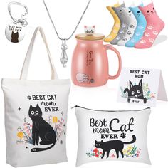 the best cat mom ever tote bag, mug, and keychain are on display