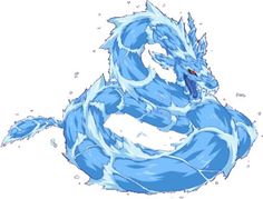 a drawing of a blue dragon sitting on top of a white surface with water splashing around it