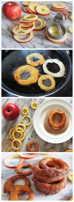 apples and onion rings are being cooked on the stove top, then fried in oil