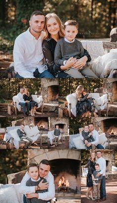 the family is posing for pictures in front of a fire place with their dog and cat