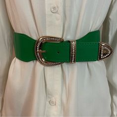 Green Pu Leather Gold Tone Buckle With Rhinestones Elastic Waistband Belt Color: Green, Gold Tone Material: 50% Polyurethane, 50% Elastic Please Notice: White Shirt Is Not Included, Listings For The Belt Only. Warning: P65 (See Last Picture) All Measurements Are Approximate And Taken Laying Flat: Total Length: 30 Inches Length To Last Belt Hole: 27 Inches Width: 2 1/2 Inches Tags For Exposure: Wide Location: Tote: #4 Adjustable Rhinestone Party Belts, Belt Hole, Vintage Leather Belts, Boho Belts, Braided Leather Belt, Wide Leather Belt, Studded Leather, Leather Buckle, Braided Leather