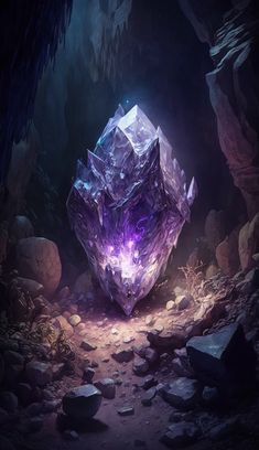 a large crystal stone in the middle of a cave with rocks and boulders around it