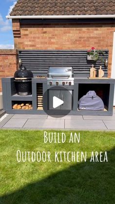 an outdoor kitchen area with bbq and grill