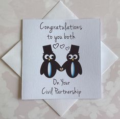 congratulations to you both on your civil partnership card with two owls in top hats holding hands