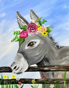 a painting of a donkey with flowers on it's head peeking over a fence