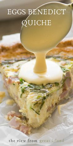 an egg being drizzled on top of a piece of quiche with cheese