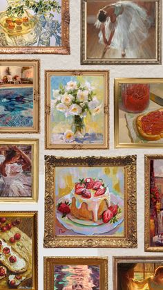 many paintings are hanging on the wall in front of some cakes and desserts,