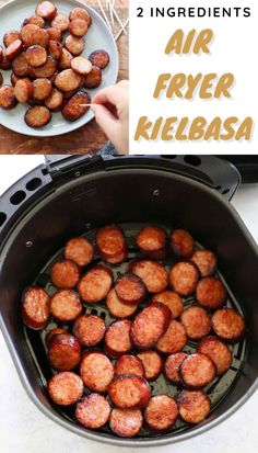 air fryer kielbasa recipe in an air fryer with text overlay