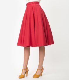 1950s Style Red Button Tab High Waist Swing Skirt – Unique Vintage Classic Dress With Lined Full Skirt, Classic Knee-length Skirt For Party, Retro Fitted Gathered Skirt, Classic Knee-length Party Skirt, Retro Fitted Bottoms With Gathered Skirt, Classic Knee-length Gathered Skirt, Fitted Skirt In 1950s Style For Summer, Vintage Fitted Knee-length Pleated Skirt, Fitted 1950s Style Summer Skirt