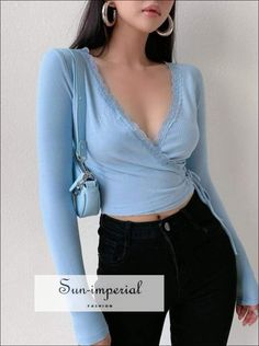 Women Pale Blue Long Sleeve Ribbed Wrap top with Lace Trim detail Pale Blue Top Outfit, Long Sleeve Cute Tops, Light Blue Outfits For Women, Light Blue And Black Outfit, Blue Long Sleeve Shirt Outfit, Lacy Tops Outfit, Light Summer Capsule Wardrobe, Pale Blue Outfit, Blue Crop Top Outfit