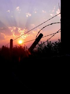 the sun is setting behind a barbed wire fence