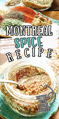 Small mason jar with seasoning with a spoon with Pinterest overlay. Accent Seasoning Homemade, Montreal Seasoning Recipe, Montreal Chicken Seasoning Recipe, Montreal Steak Seasoning Recipe, Montreal Chicken Seasoning, Season Steak Recipes, Chicken Seasoning Recipes