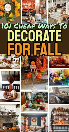 a collage of pictures with pumpkins, flowers and other things to decorate for fall