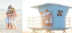 a family standing on the beach in front of a lifeguard tower and an image of their children