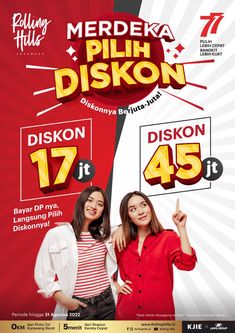 two women standing next to each other in front of a red and white advertisement for diskon