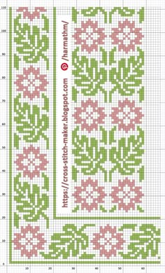 a cross stitch pattern with pink and green flowers on the side, in two rows